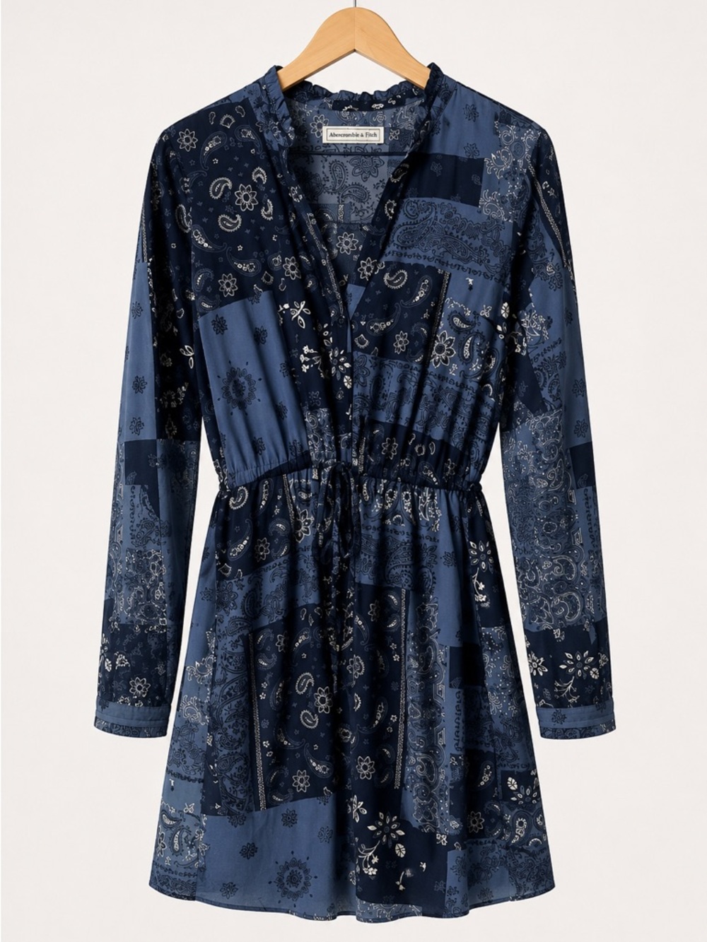 Abercrombie & Fitch Navy Blue Patchwork Paisley Long-Sleeve Dress
